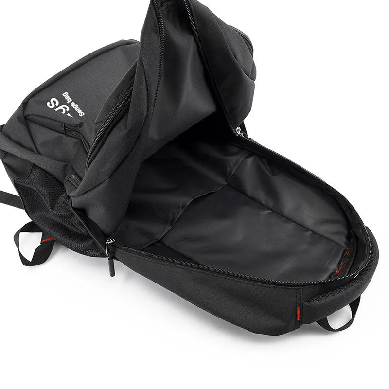 Nylon fashion backpack in street style showing multiple compartments and double shoulder straps.
