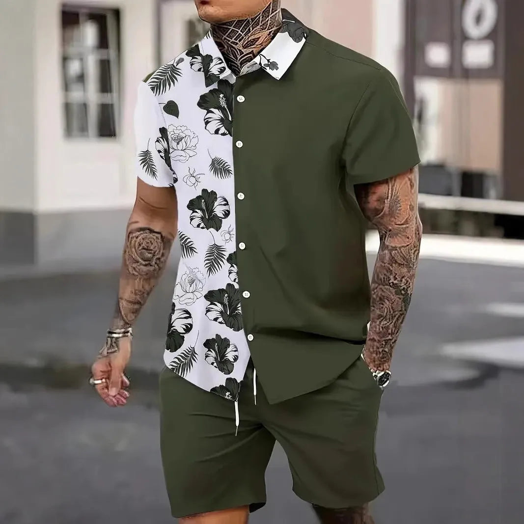 Men's Hawaiian print short sleeve suit with matching shorts, shown in available colours