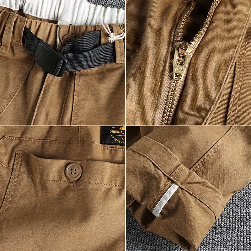 Men's khaki work trousers with a NI buckle belt closure and straight leg