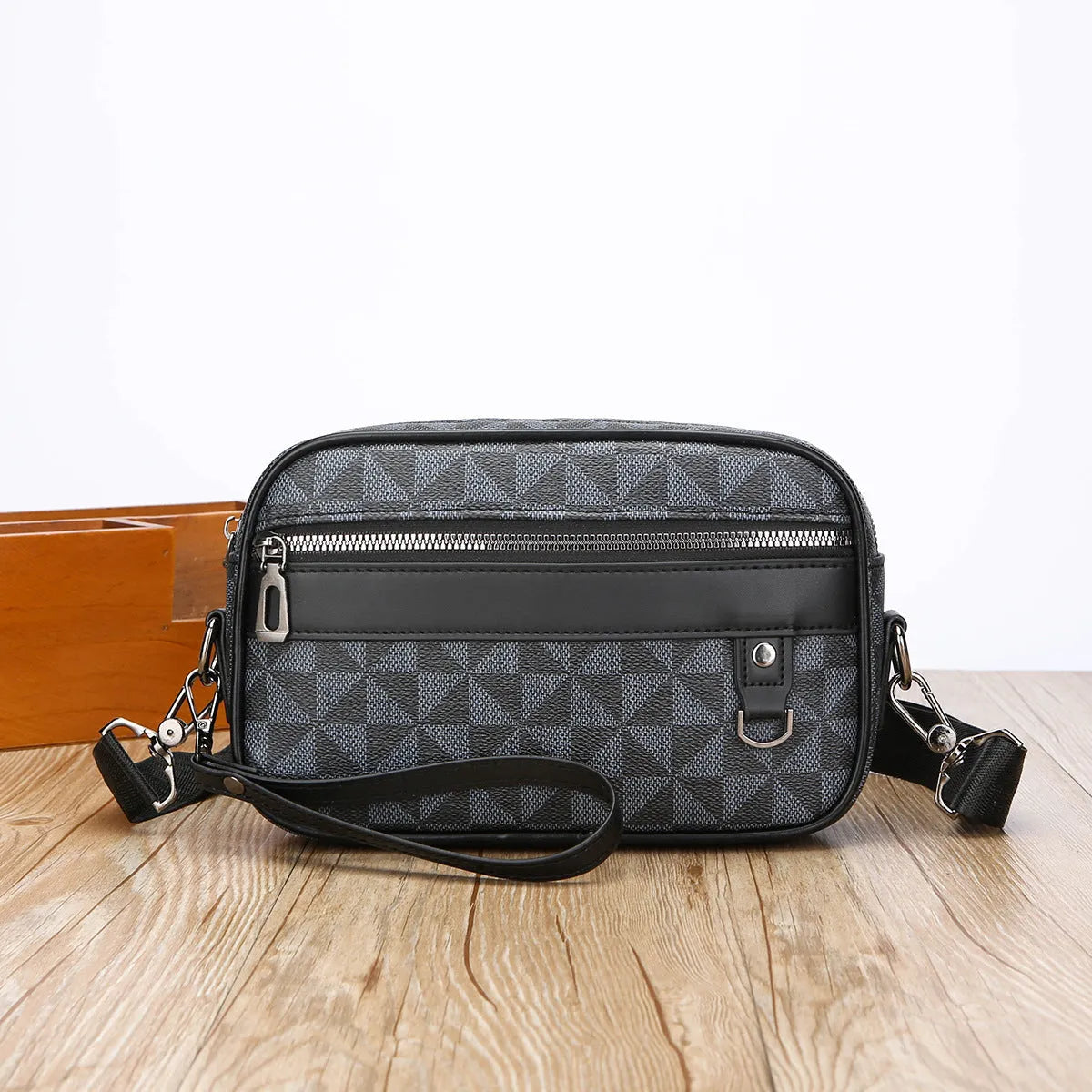 Men's casual shoulder messenger bag large capacity horizontal PU wear-resistant geometric pattern black brown