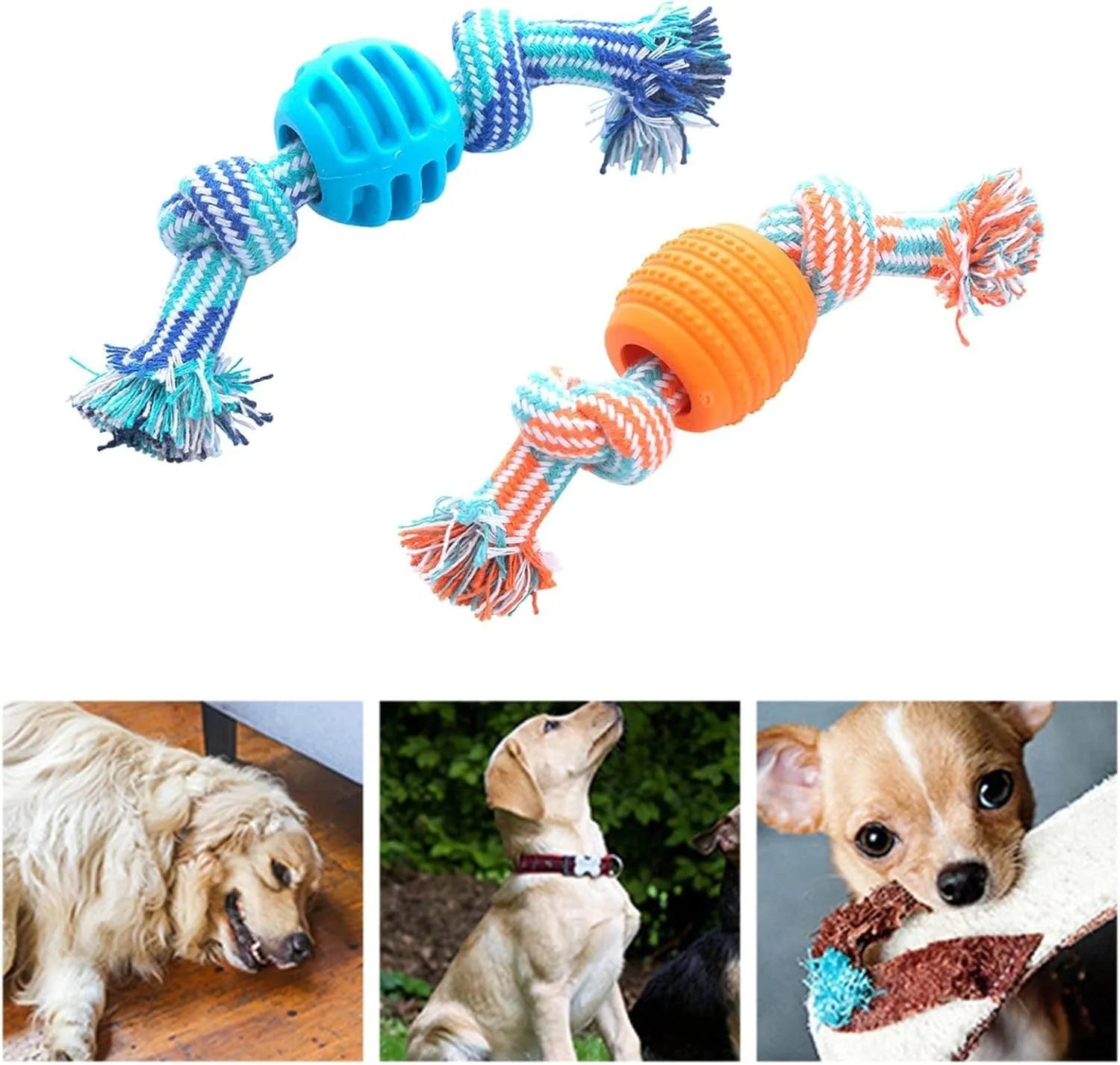 Blue dog chew toy with rope construction for dental cleaning and moderate chewing