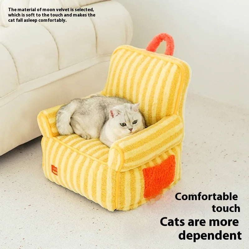 Striped soft velvet pet bed with removable cover in orange, purple or yellow for small dogs