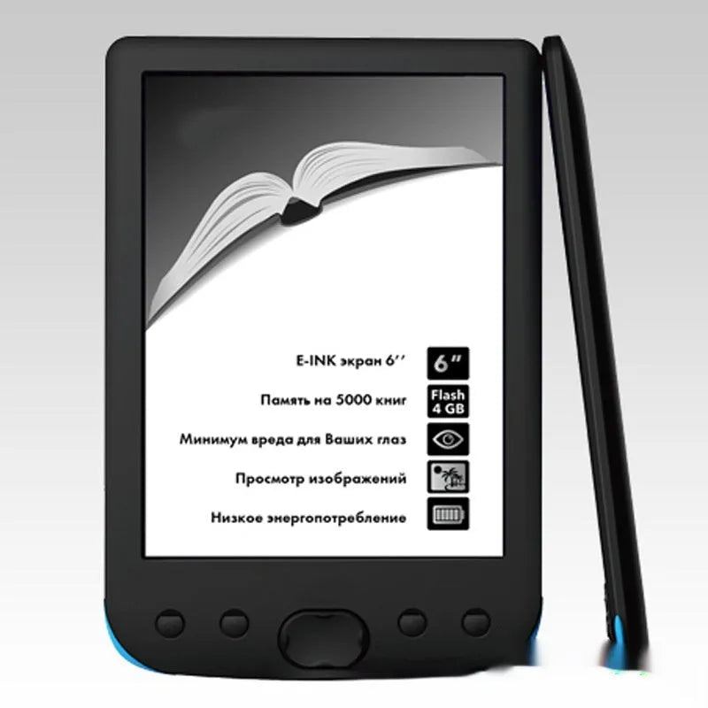 Black 6-inch E-ink e-book reader showing the front screen and body