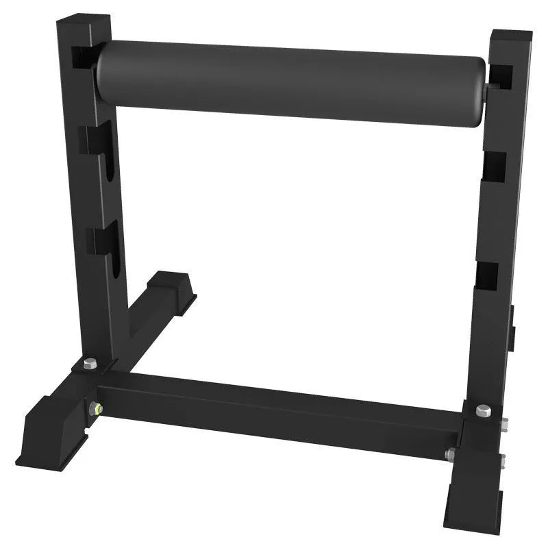 Black steel leg press trainer for split squats and balance exercises in a home gym setting