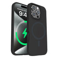 Liquid silicone magnetic phone case for iPhone showing full lens coverage and colour options including black, white, and antique white