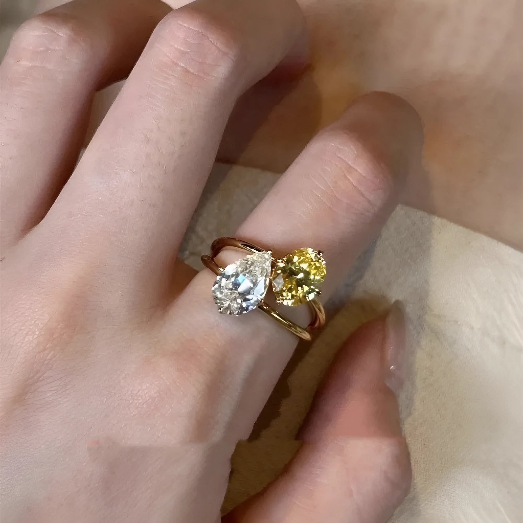 Women's geometric copper open ring with water drop double sheng stone design