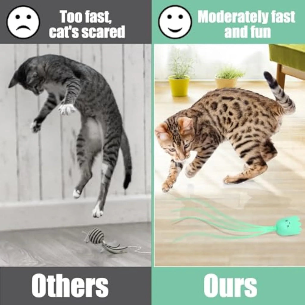 Green automatic cat wand toy with swinging silicone tails for indoor cats on wooden floor