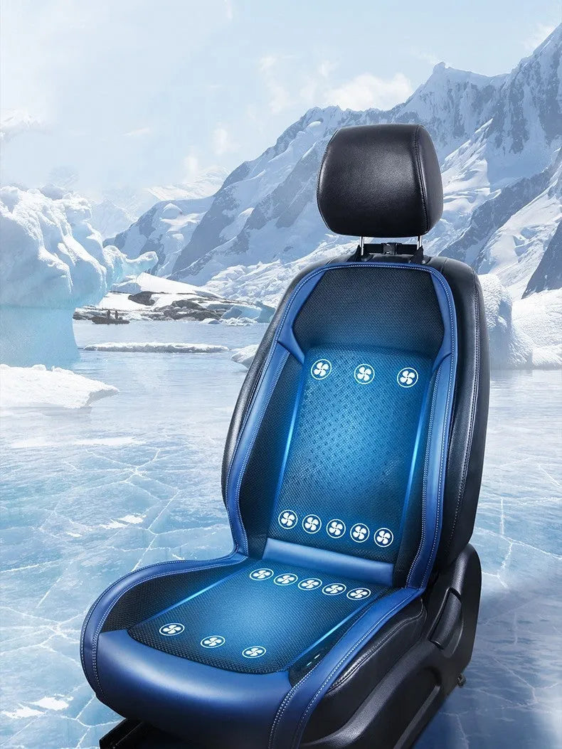 Car seat cooling pad with refrigeration, massage and ventilation functions in minimalist black design