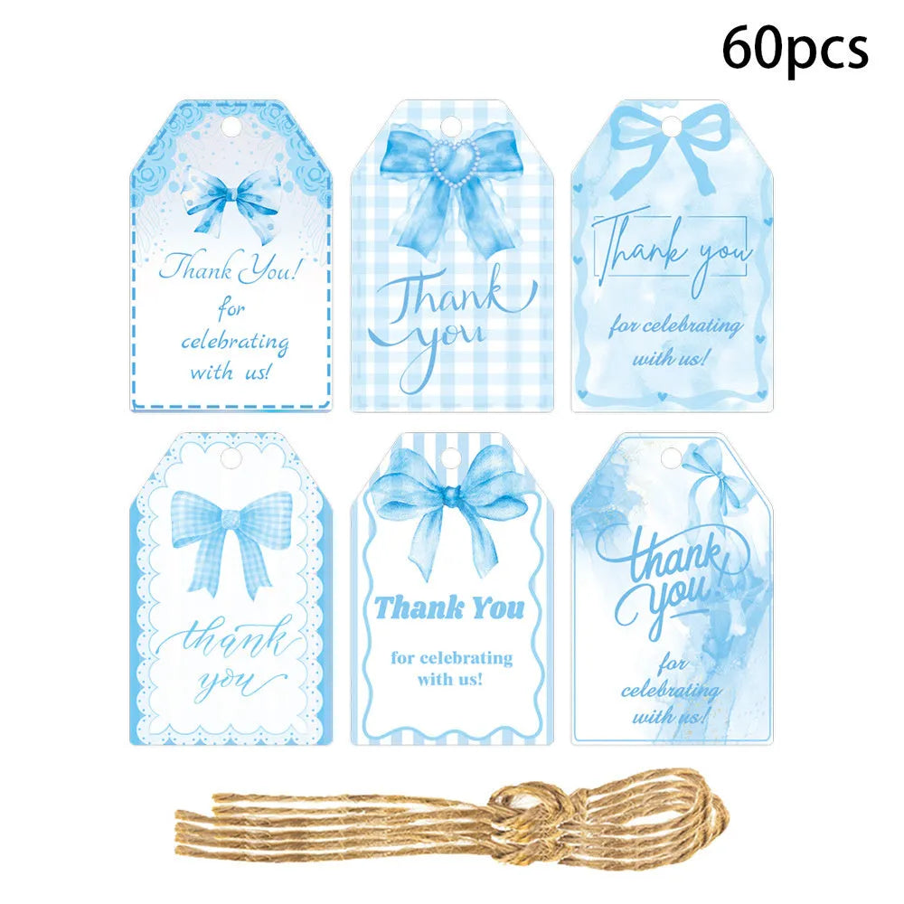 Bowknot-shaped paper gift tags with natural hemp rope ties for birthday party decoration