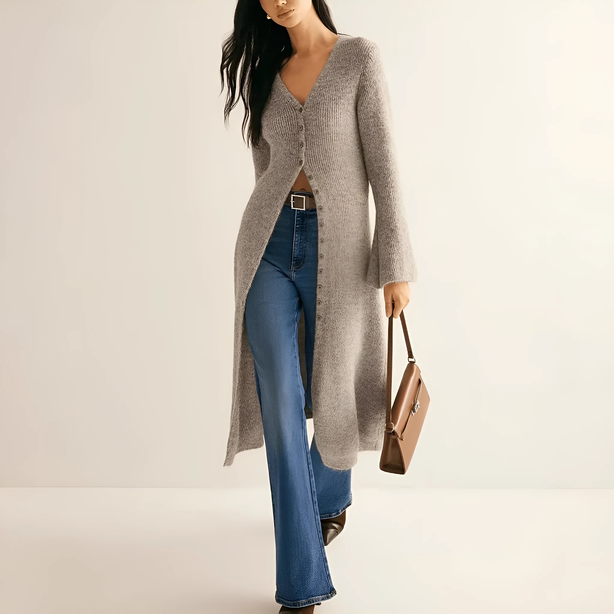 Khaki women's long sleeve viscose acrylic button cardigan coat with retro style