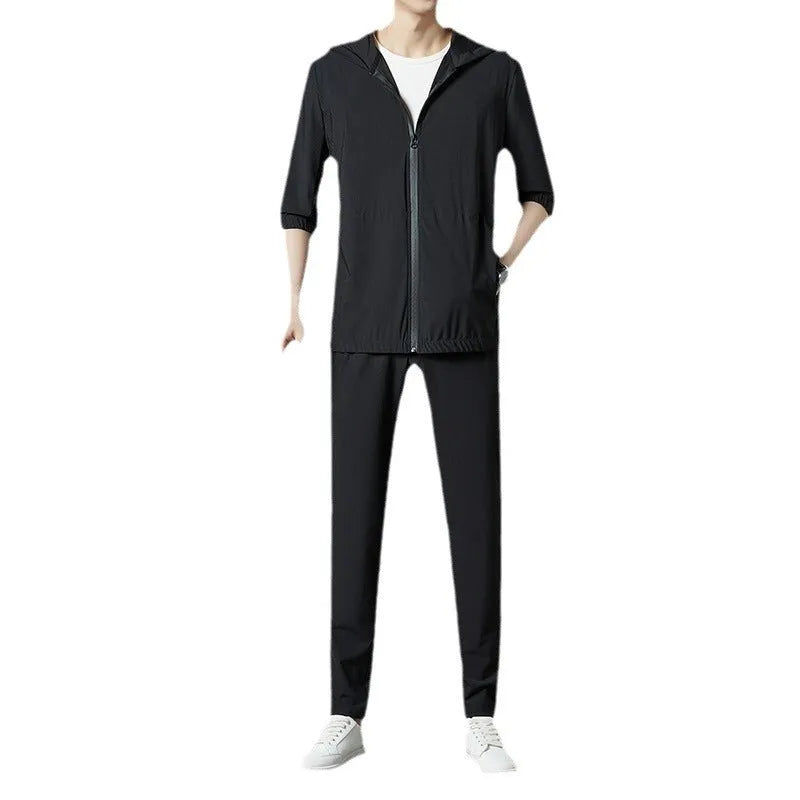 Korean sun-protective hooded suit in blue, loose casual style for youth, with top stitching slit pockets