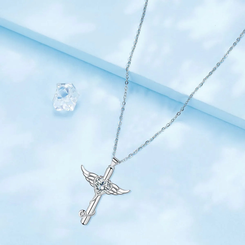 Copper cross stethoscope necklace with delicate wings element in white or red diamond electroplated finish