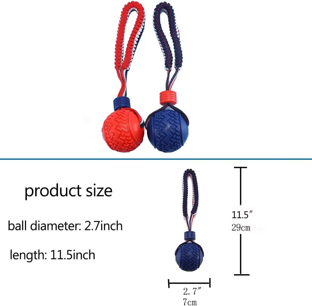 Blue natural rubber dog ball attached to a rope toy for small breeds, showing textured surface.