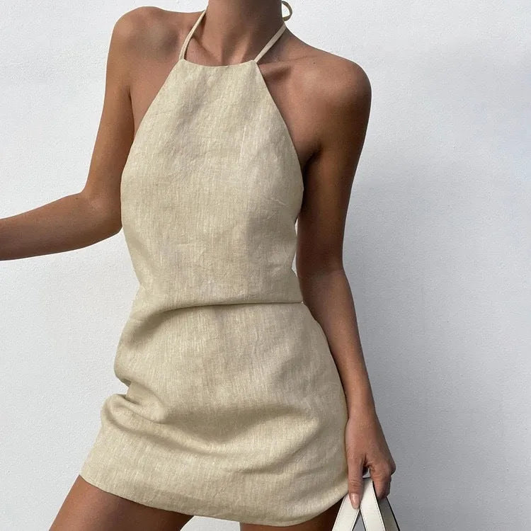 Women's solid colour linen A-line summer dress in picture colour, sizes S M L
