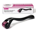 Black derma roller with titanium needles showing six depth options from 0.2mm to 1.0mm for facial and body skincare