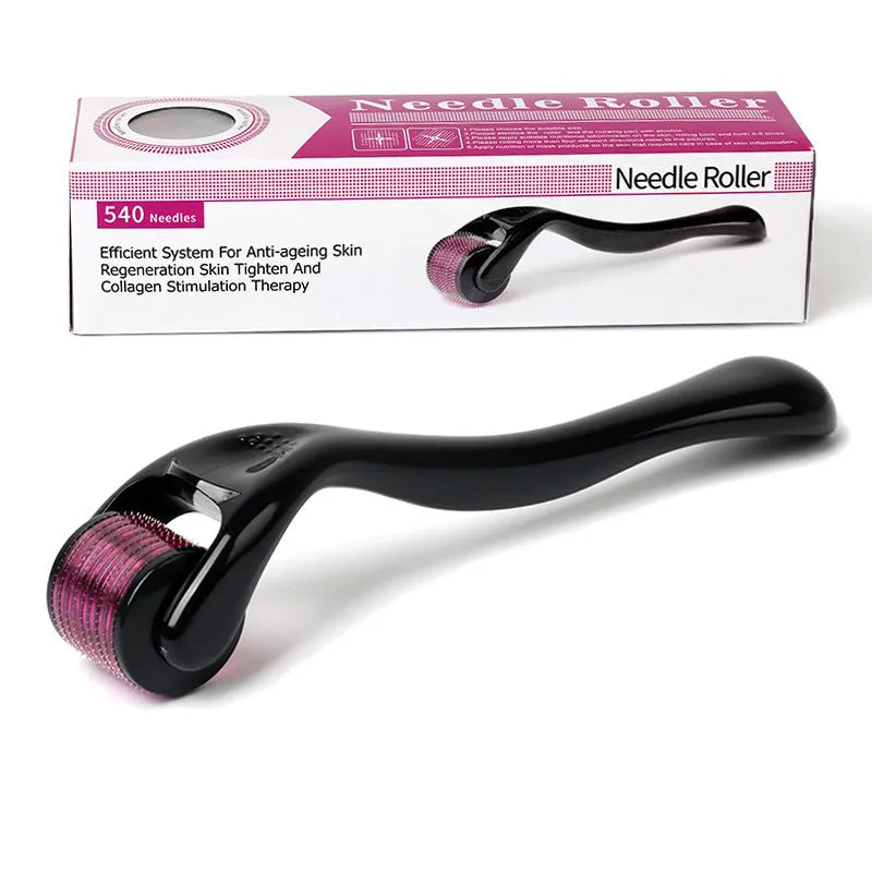 Black derma roller with titanium needles showing six depth options from 0.2mm to 1.0mm for facial and body skincare