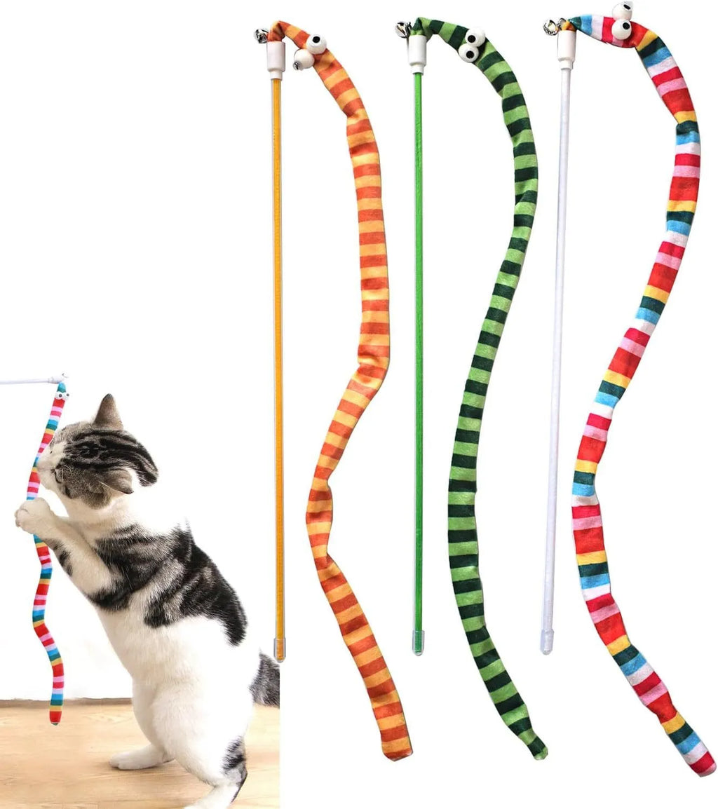 Cat teaser wand toy with long plush strip and bell on a polycarbonate pole.