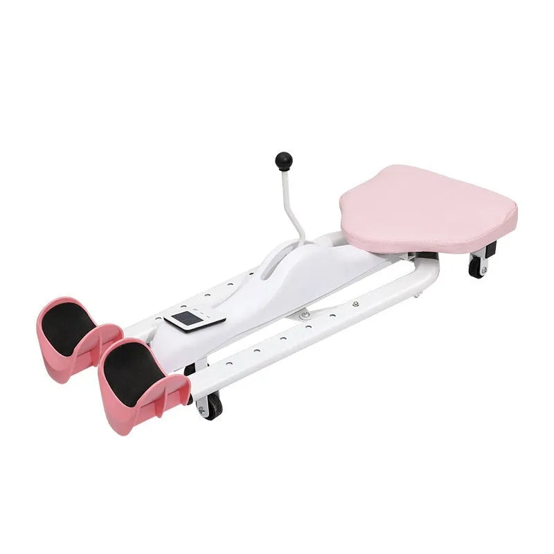 Leg opener stretching device with steel frame and foam padding in blue and pink colour options