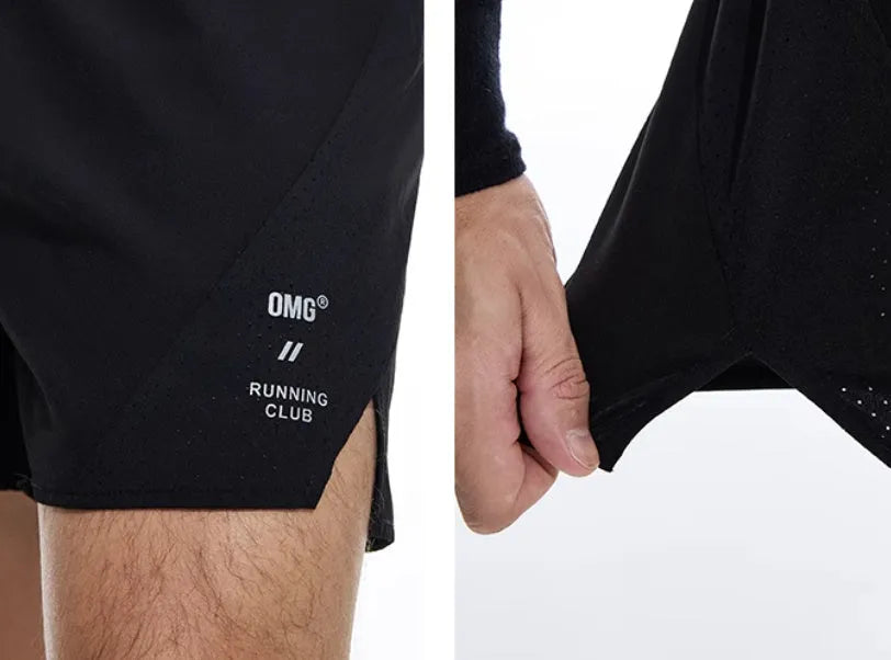 Black and blue running shorts with four-sided stretch and laser-stitched seams for training.