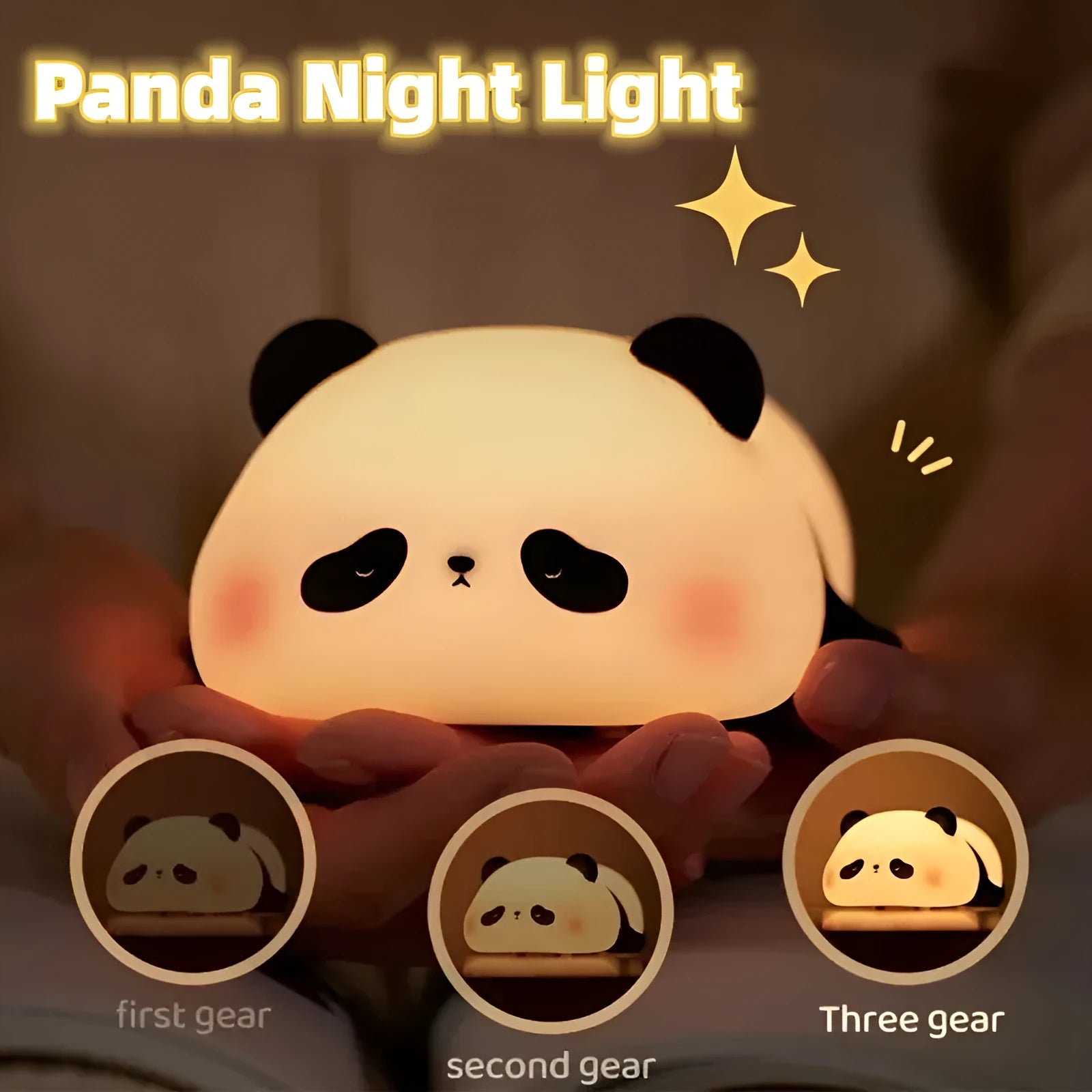 Panda shaped night light with silicone construction showing clap activation feature and USB charging port