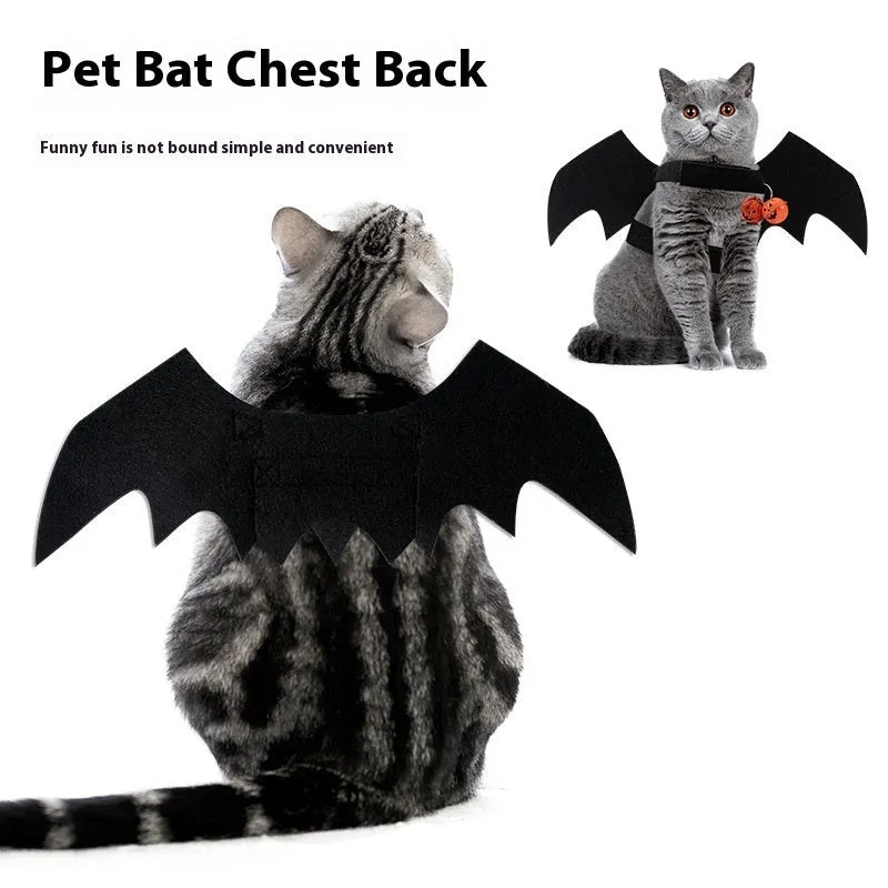 Black wings felt pet Halloween costume with bell on a small dog, available in sizes S M L