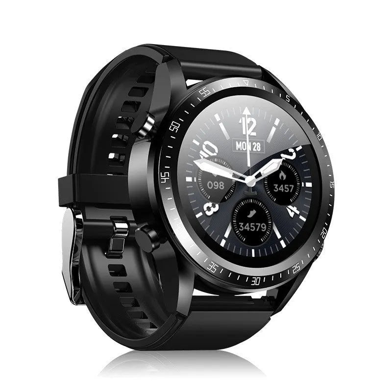 Black smart watch with silicone strap showing blood pressure and oxygen monitoring on its screen.