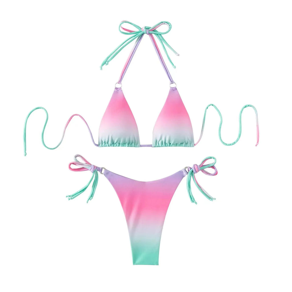 Gradient bikini women's separated swimsuit in rainbow colour with high elasticity polyester lining, sizes S M L.