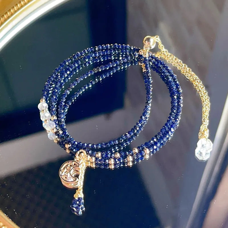 Women's blue gold sand stone cut three-ring multi-layer bracelet with manual craftsmanship