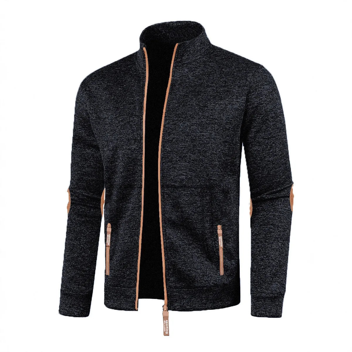 Men's long zipper light fleece cardigan coat in black, plus size, loose fit, long sleeves
