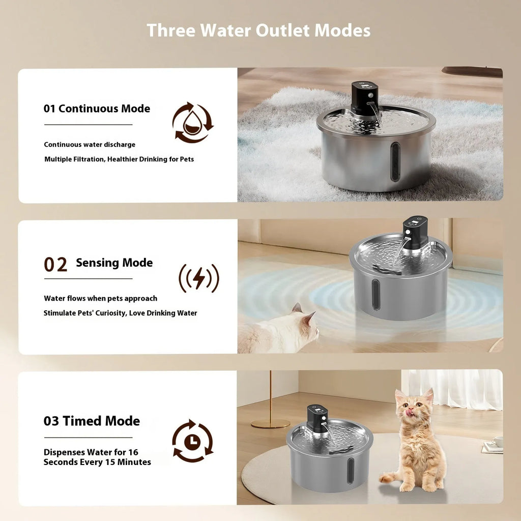 Stainless steel pet water fountain with temperature control base in black or white colour