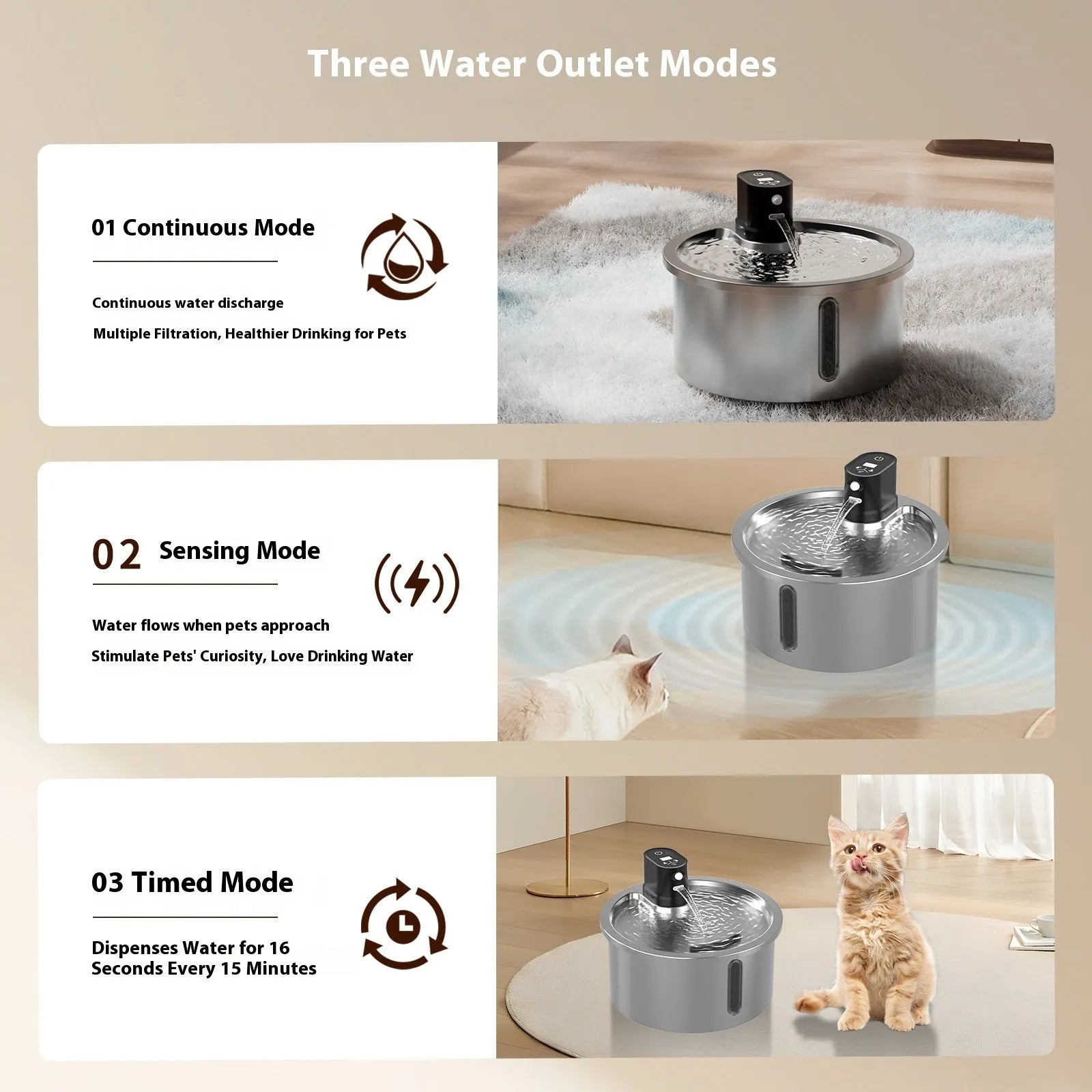 Black and white stainless steel pet water fountain with temperature control base