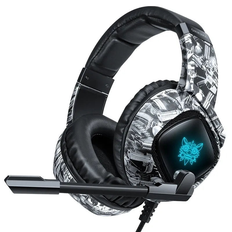 Camouflage grey wired RGB gaming headset with head-mounted design and 2.2 metre braided cable
