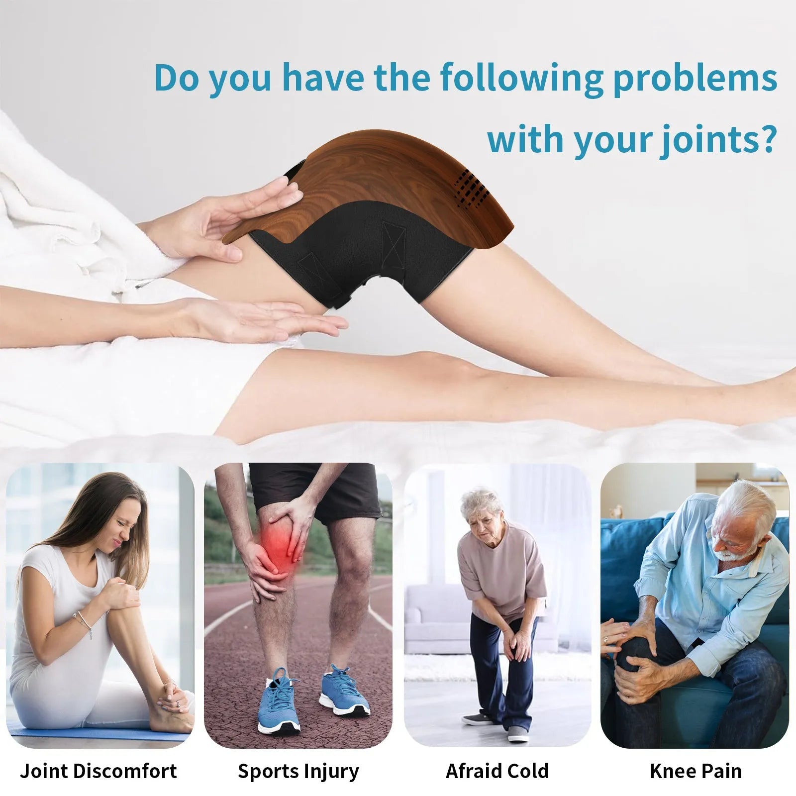 Intelligent electric knee massager in white colour with kneading, heating, infrared laser, and vibration functions