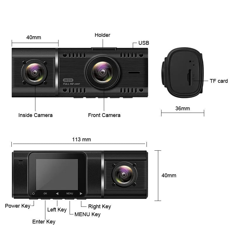 Standard black car dash camera for dual recording with a 1.5-inch screen