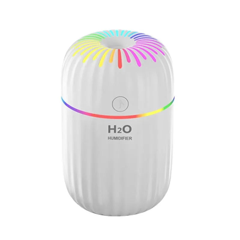 White USB mini humidifier with 300ml water tank on a desk next to a laptop