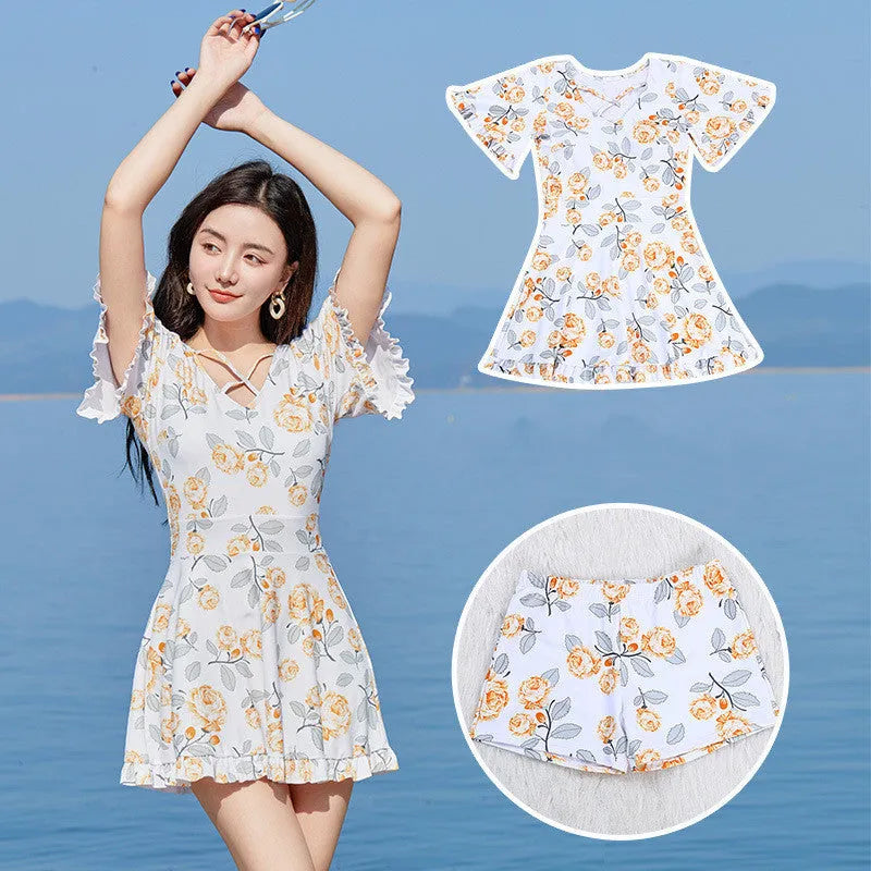 Women's high waist slimming printed one-piece swimsuit with white flower pattern on polyester in size M L XL XXL
