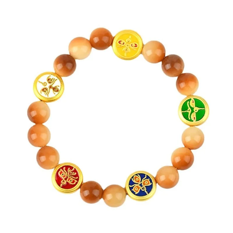 Handmade bodhi seed bracelet with yellow round beads in geometric five-directions design