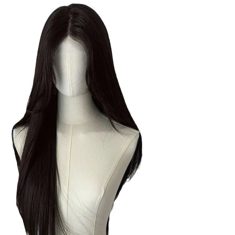 Forehead lace long straight full-head wig in dark brown with side bangs on a mannequin head