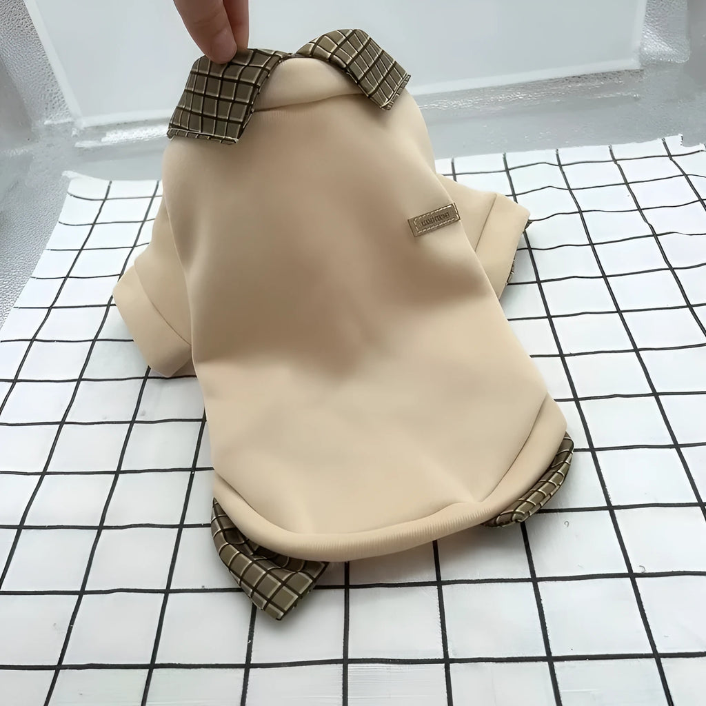Fake two-piece collar sweater thin velvet dog pet two feet apparel in beige with detachable hood
