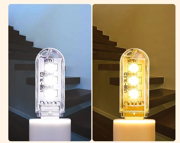 Compact white PC USB LED night light showing warm and white light colour options.