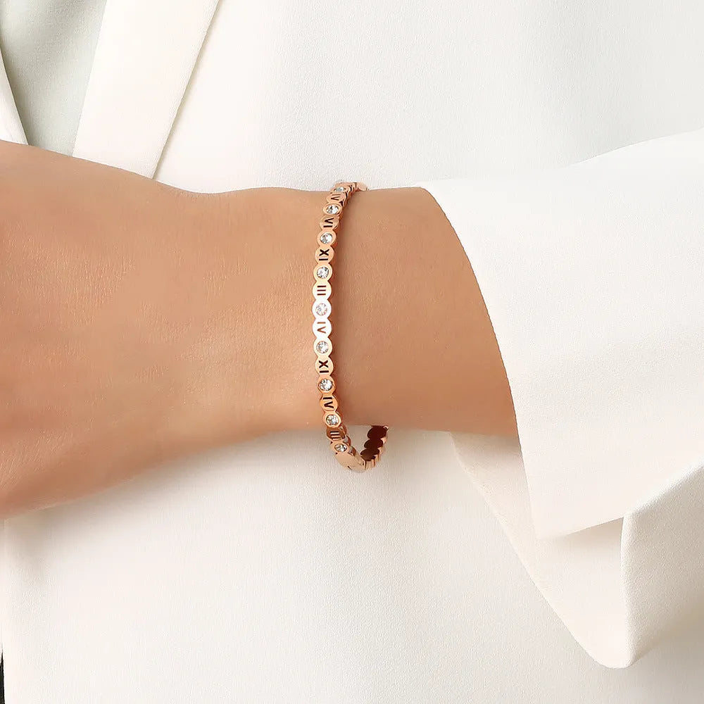 Titanium steel Korean style bracelet with number elements in gold, rose gold, or steel colour