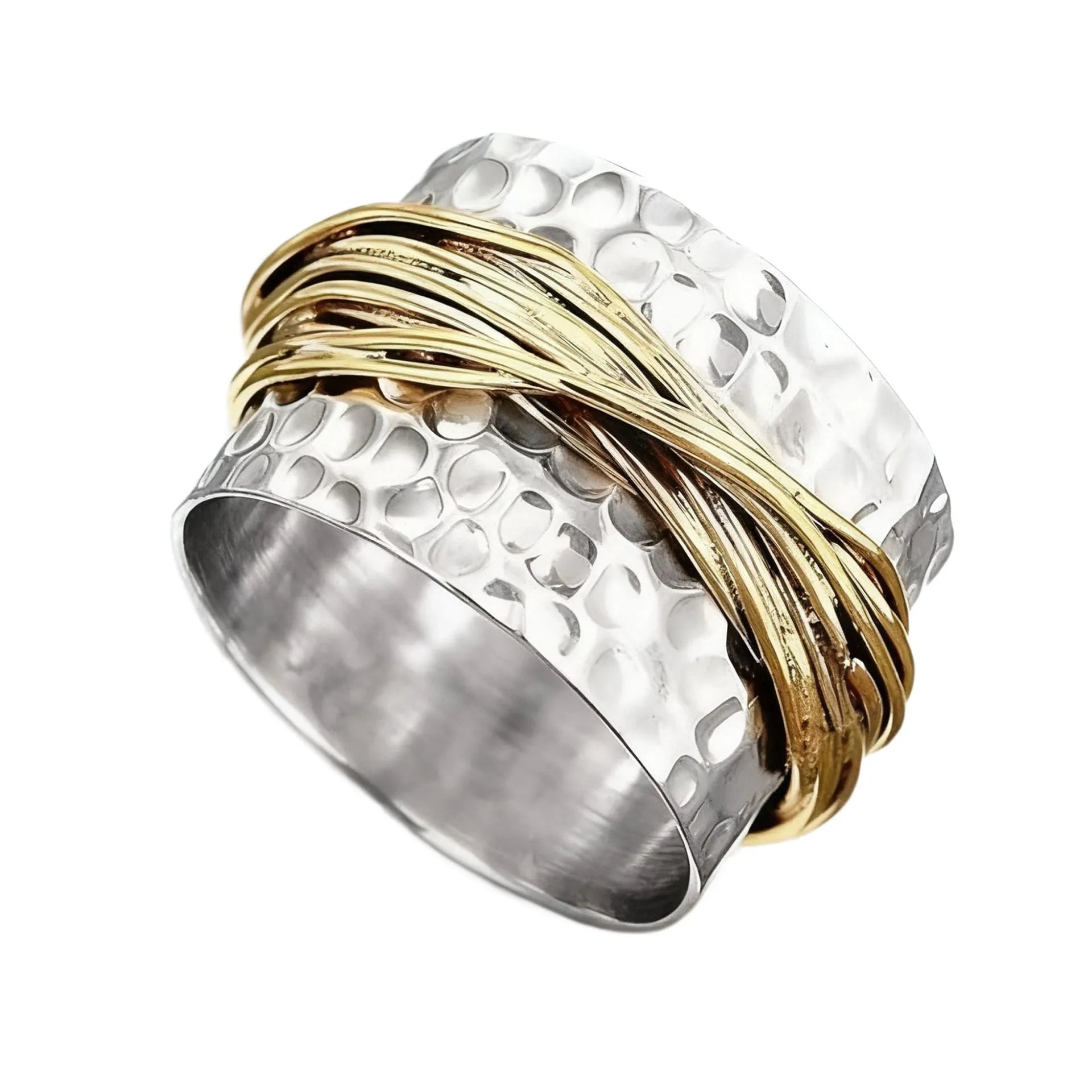Alloy two-tone ring with hammered metal coil design, electroplated finish, on white background