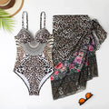 Women's leopard print one-piece swimsuit with sheer mesh long dress and pants, backless beachwear set