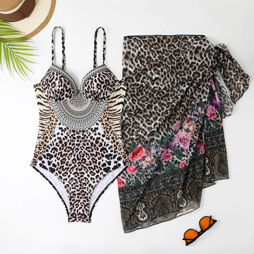 Women's leopard print one-piece swimsuit with sheer mesh long dress and pants, backless beachwear set
