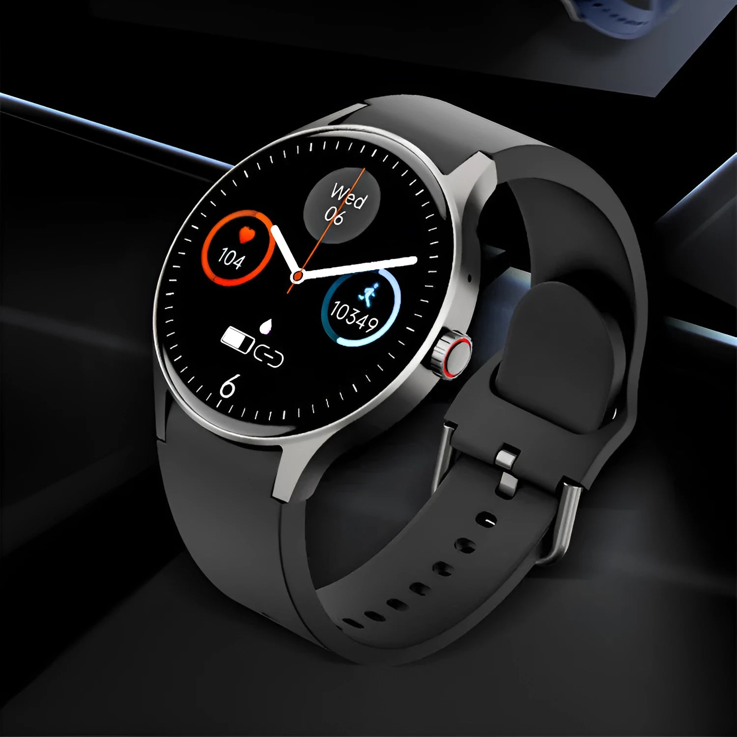 Smart Bluetooth sport watch with circular touchscreen display in black stainless steel case