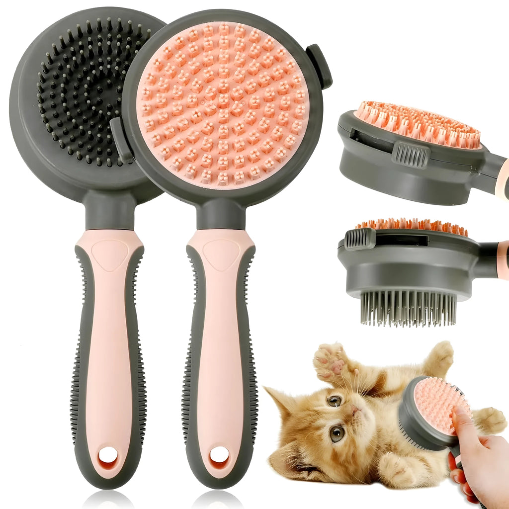 Green and pink double sided cat brush with flea comb and hair release button