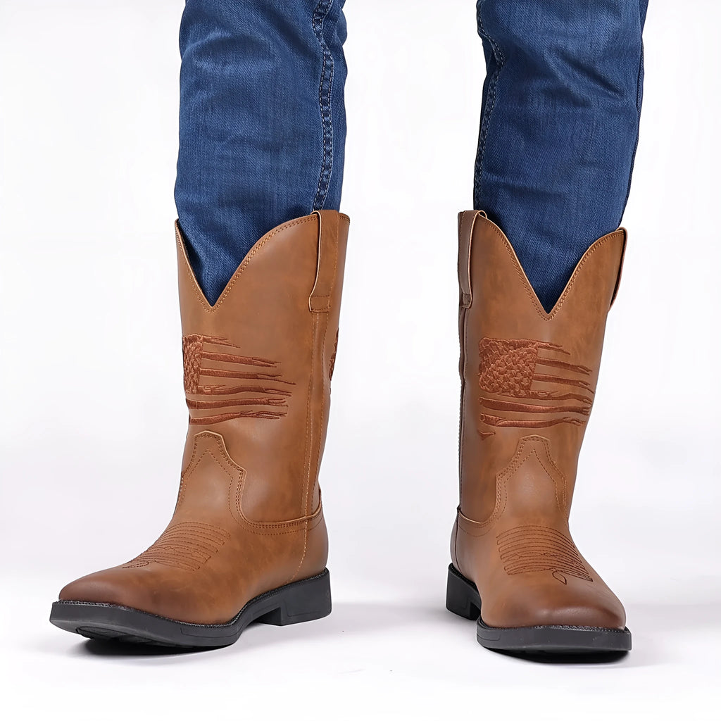 Men's retro embroidered cowboy boots with wide square toe, horseshoe heel, in brown printed leather