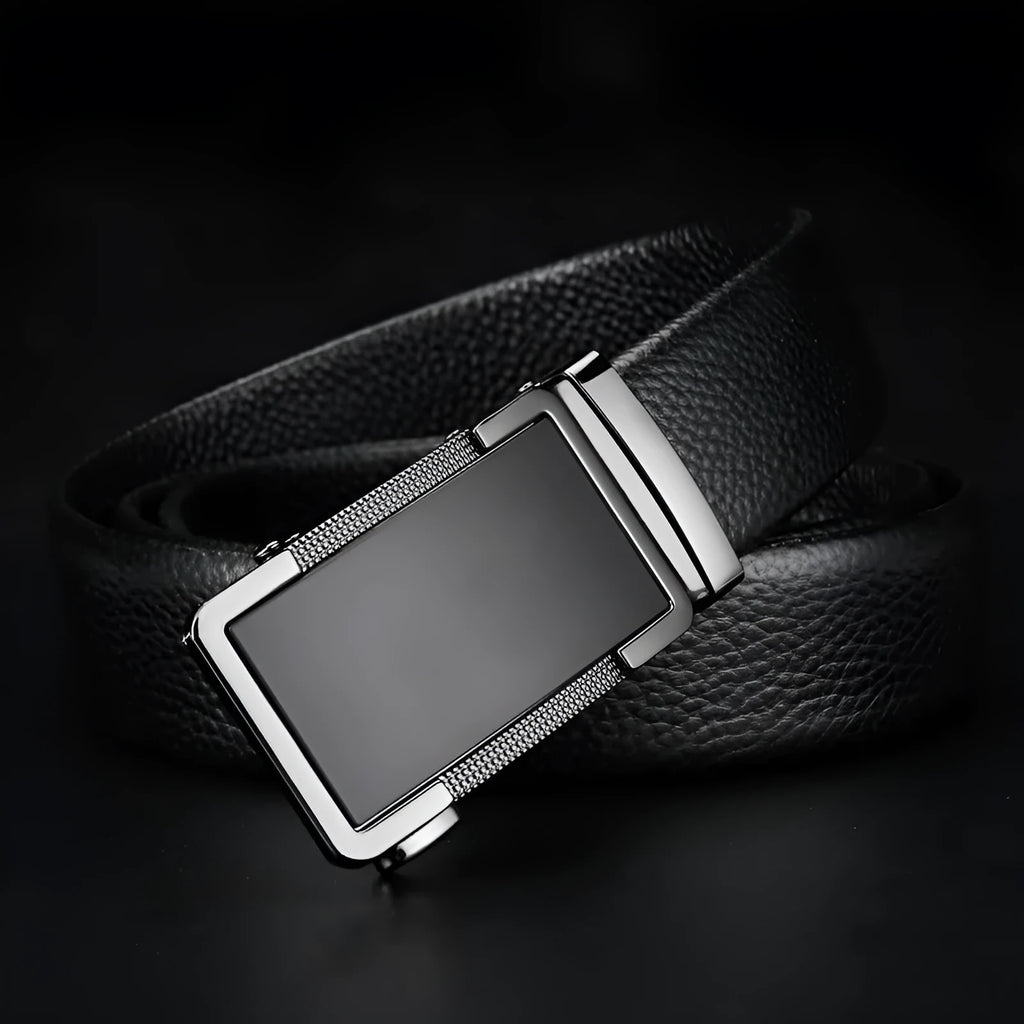 Men's leather automatic buckle belt in gun black, silver, and gold finishes showing the Comfort Click mechanism.