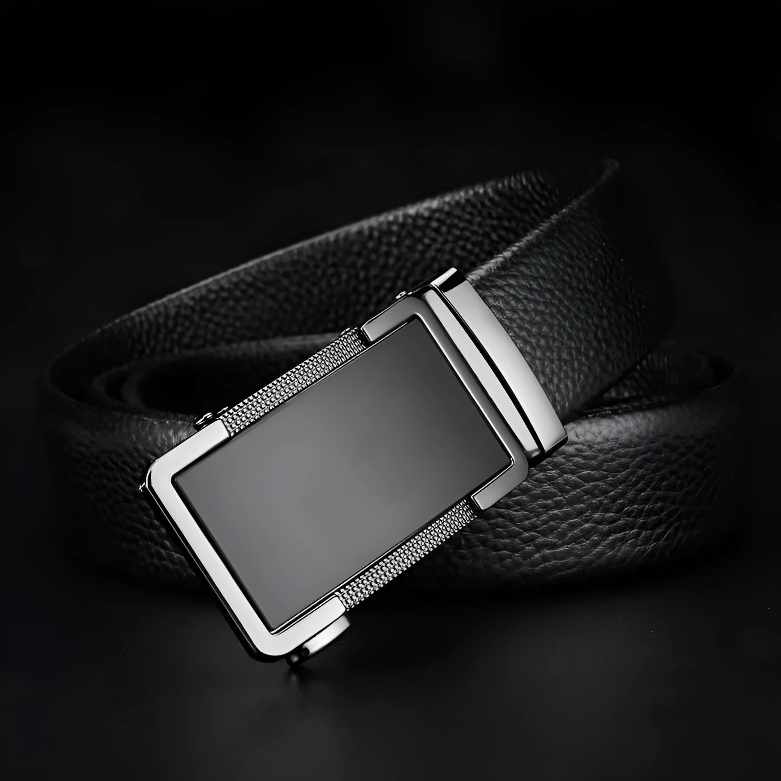 Men's leather automatic buckle belt in gun black, silver, and gold finishes showing the Comfort Click mechanism.