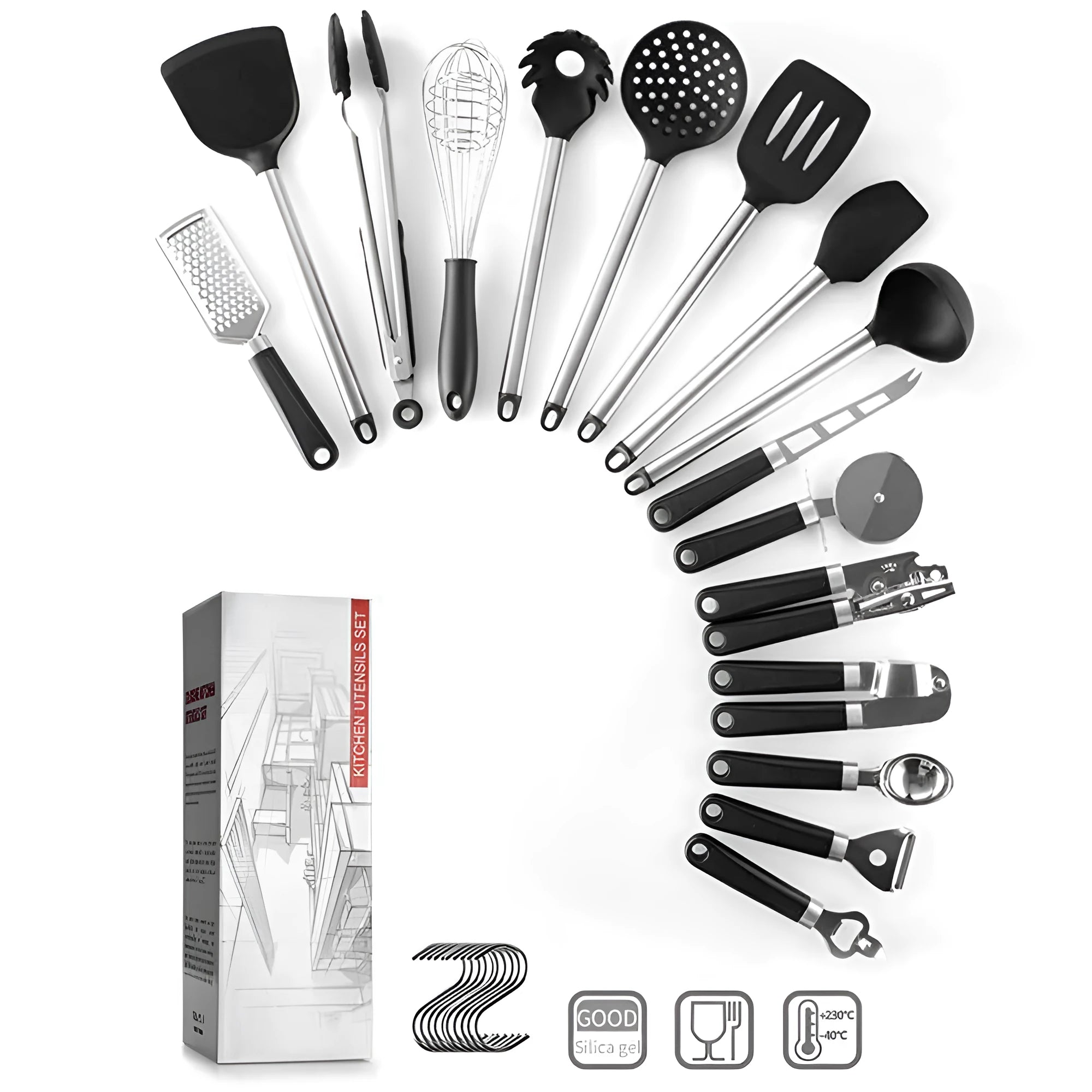 Black silicone kitchen utensil set with stainless steel handles including spatulas and spoons